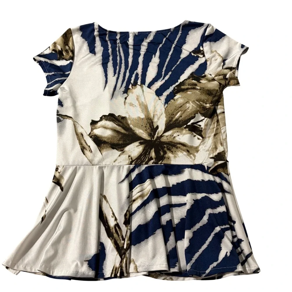Alberto Makali Floral Zebra Print Peplum Top Short Sleeve Navy Olive White M - Picture 2 of 10